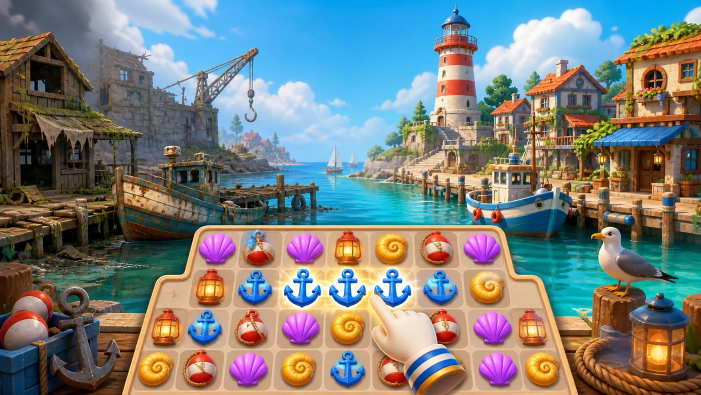 Puzzle Harbour — Match-3 Puzzle concept key art