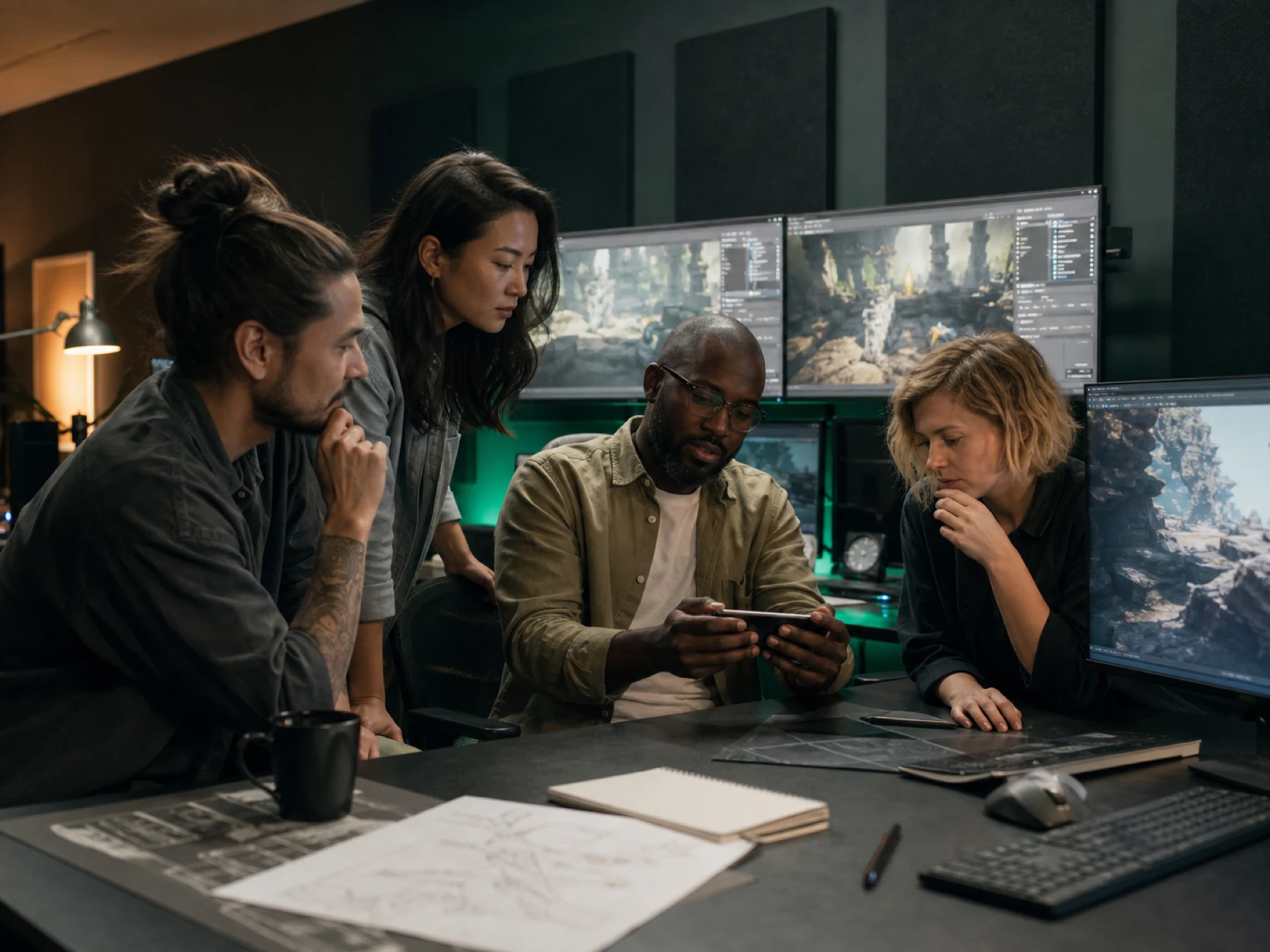 Mobile game development team reviewing a playable build